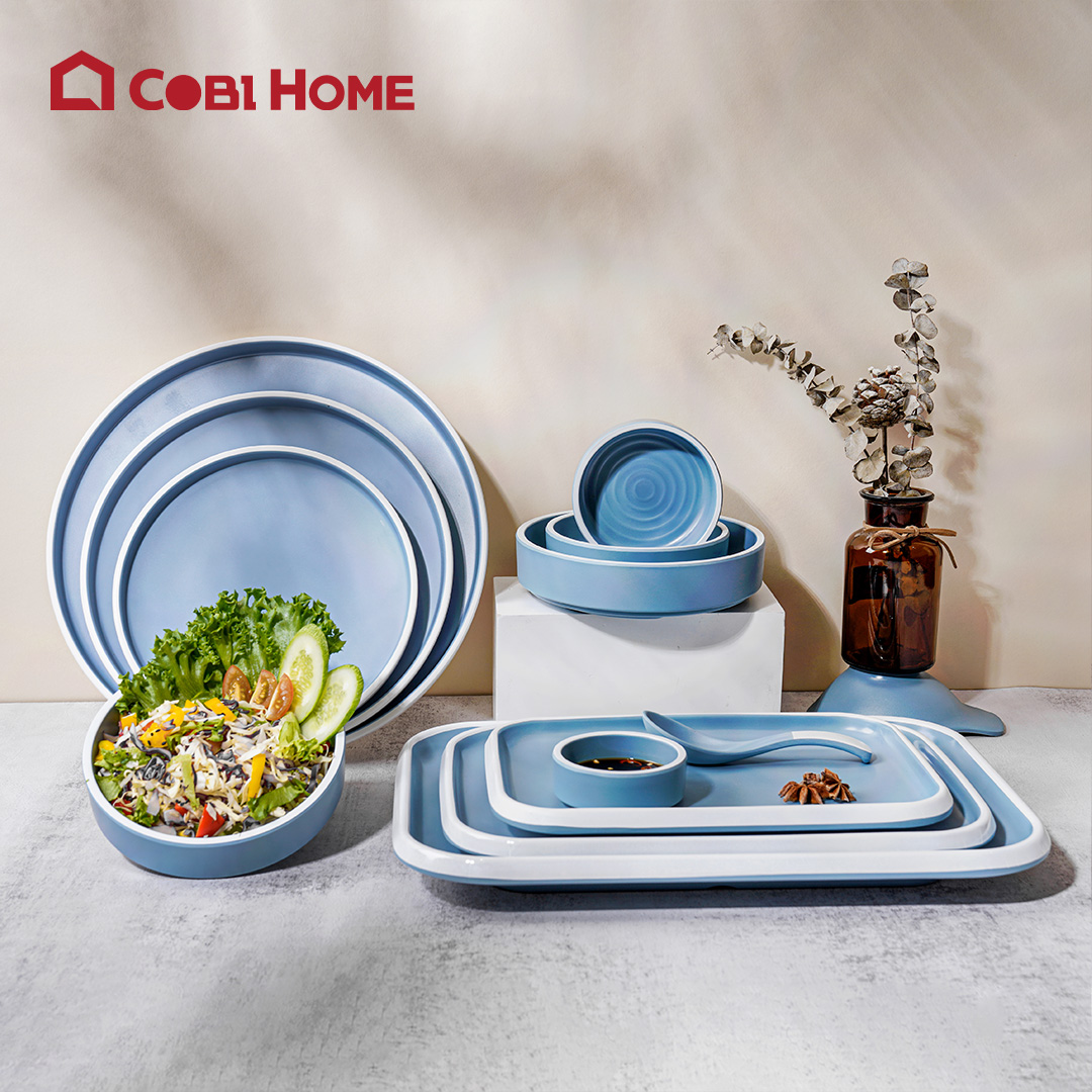 Dĩa tròn bằng melamine cao cấp màu xanh vân trắng sâu lòng