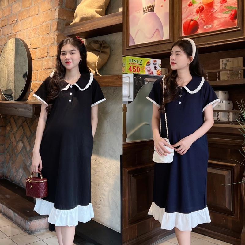 Đầm Bầu Polo Dáng Suông Cổ Sen Phối Viền Bèo Dễ Thương, Trẻ Trung Diện Mùa Hè - Đen