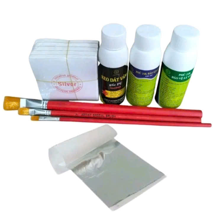 Combo dát vàng gốc Pu gồm 500 lá vàng kèm phụ kiện, dát trên gỗ, kim loại, nhựa, đá, thủy tinh, gốm sứ
