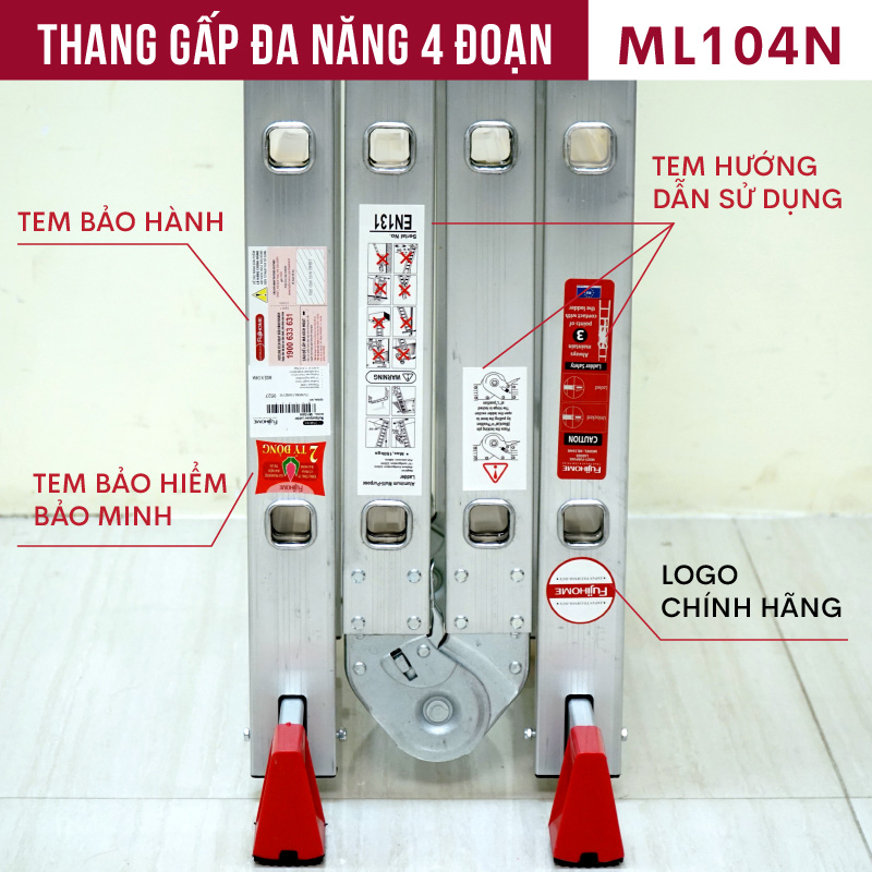 Thang nhôm gấp 4 đoạn đa năng FUJIHOME ML104N, cao chữ A 2.2m - chữ I 4,4 mét ,14 tư thế sử dụng , chốt khóa tự động, chân chống trơn trượt- Hàng chính hãng