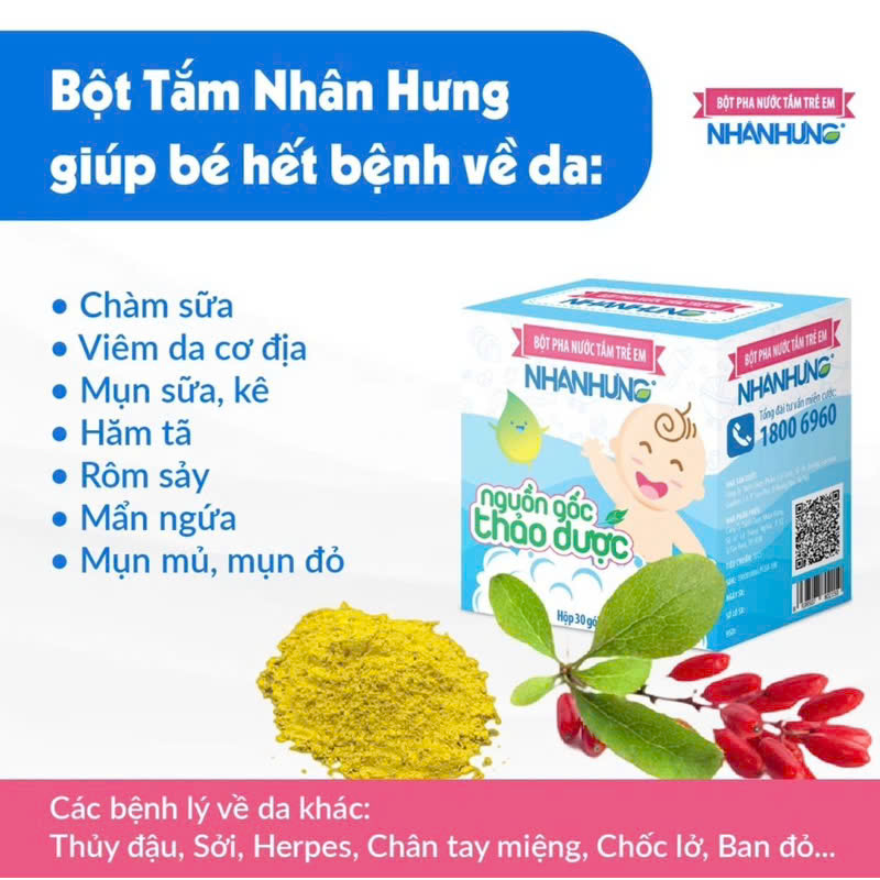 Bột pha nước tắm trẻ em Nhân Hưng làm sạch da, kháng khuẩn (1g x 30 gói)