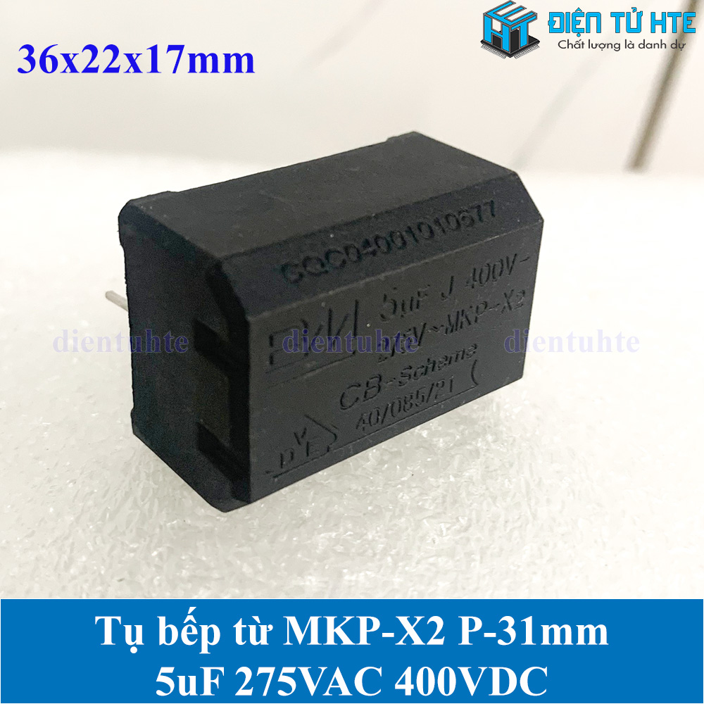 Tụ bếp từ MKP-X2 5uF 275VAC 400DC pitch 31mm Đen size 36x22x17mm