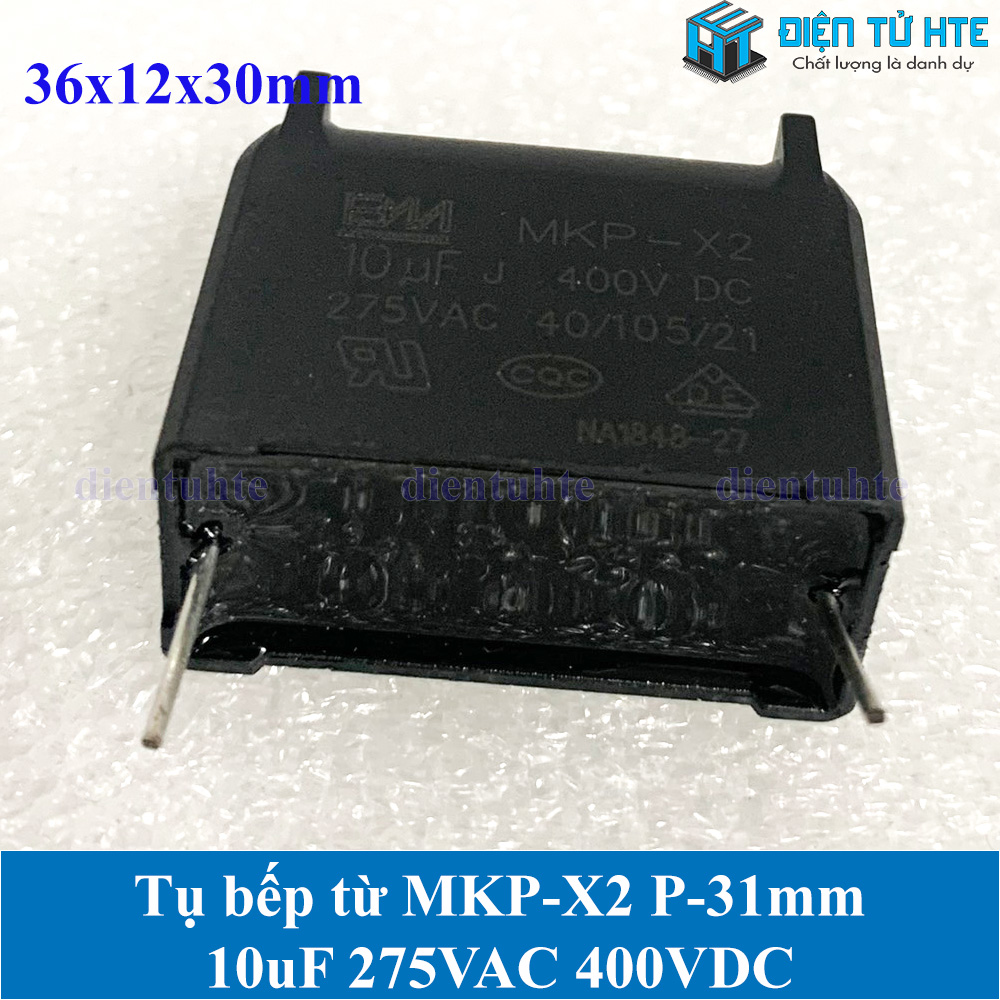 Tụ bếp từ MKP-X2 10uF 275VAC 400VDC pitch 31mm Đen size 36x12x30mm