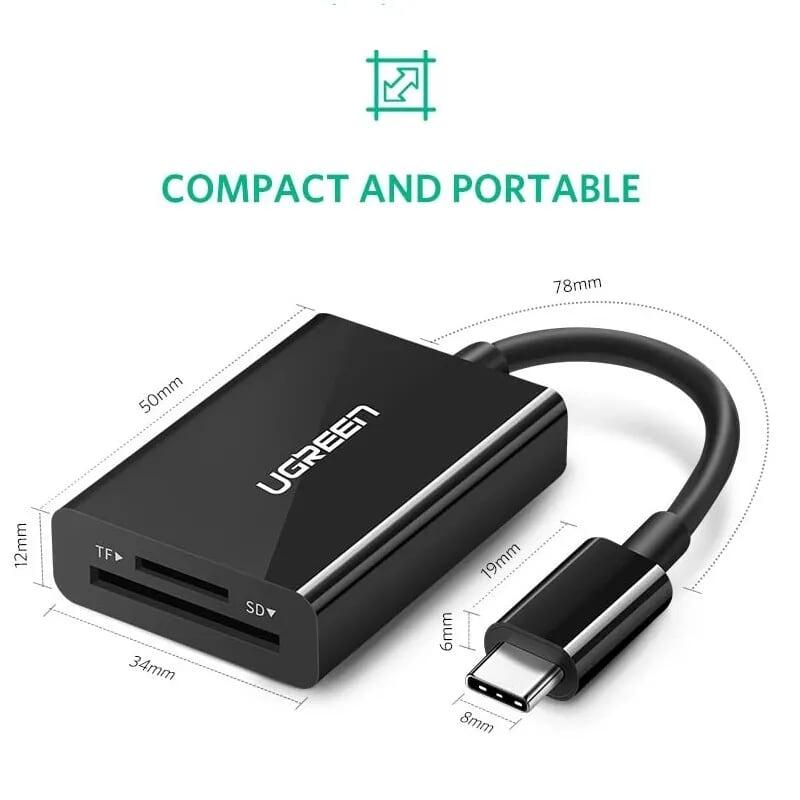 Ugreen UG50432US235TK 15CM màu đen đầu đọc thẻ 2 trong 1 USB type C OTG - HÀNG CHÍNH HÃNG