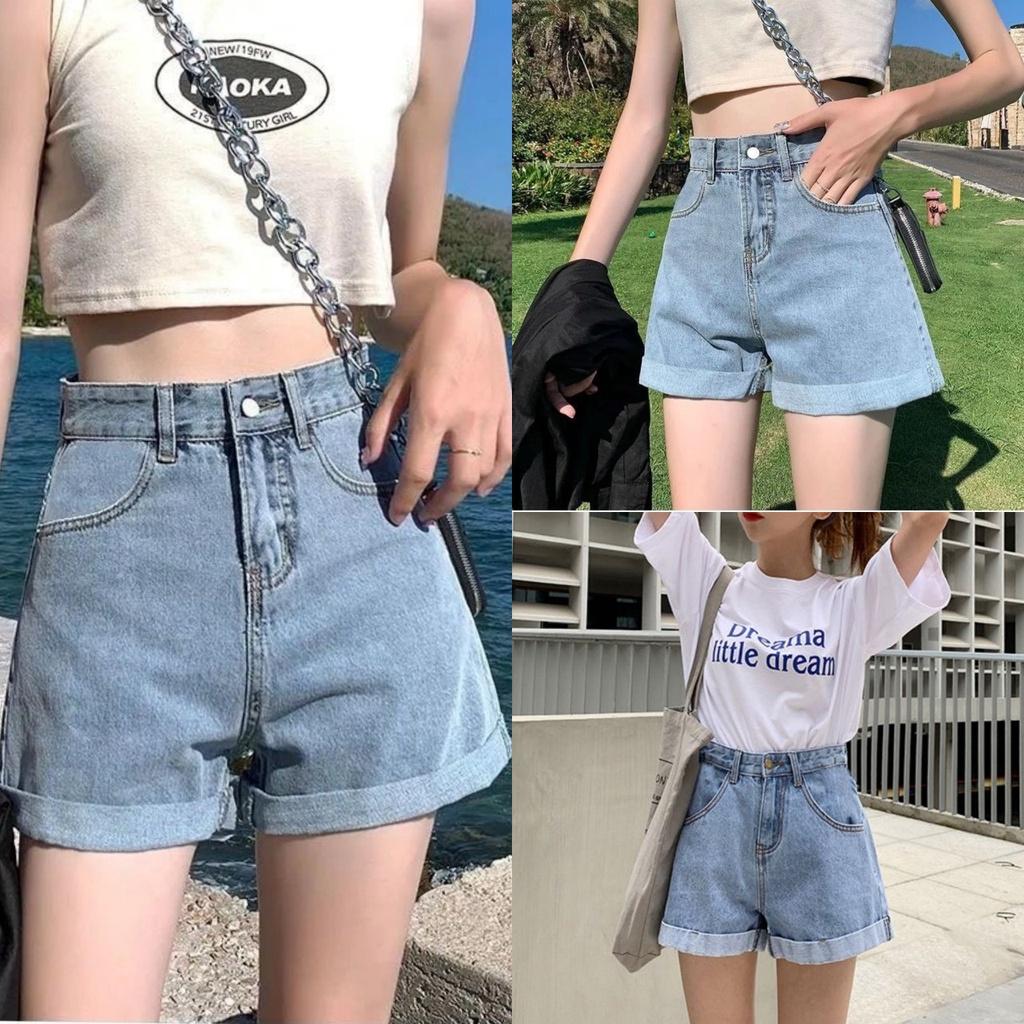 Quần Short Jeans Lưng Cao Gấp Gấu