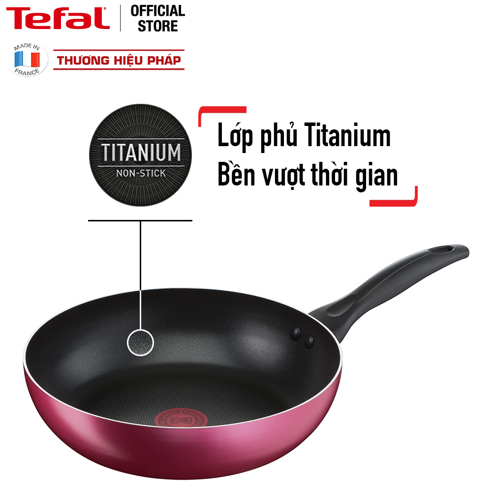 Chảo chiên Tefal Light &amp; Clean B2240596 26cm (Đỏ) - Lớp phủ Titanium - Công nghệ Thermor-spot cảnh báo nhiệt - Hàng chính hãng