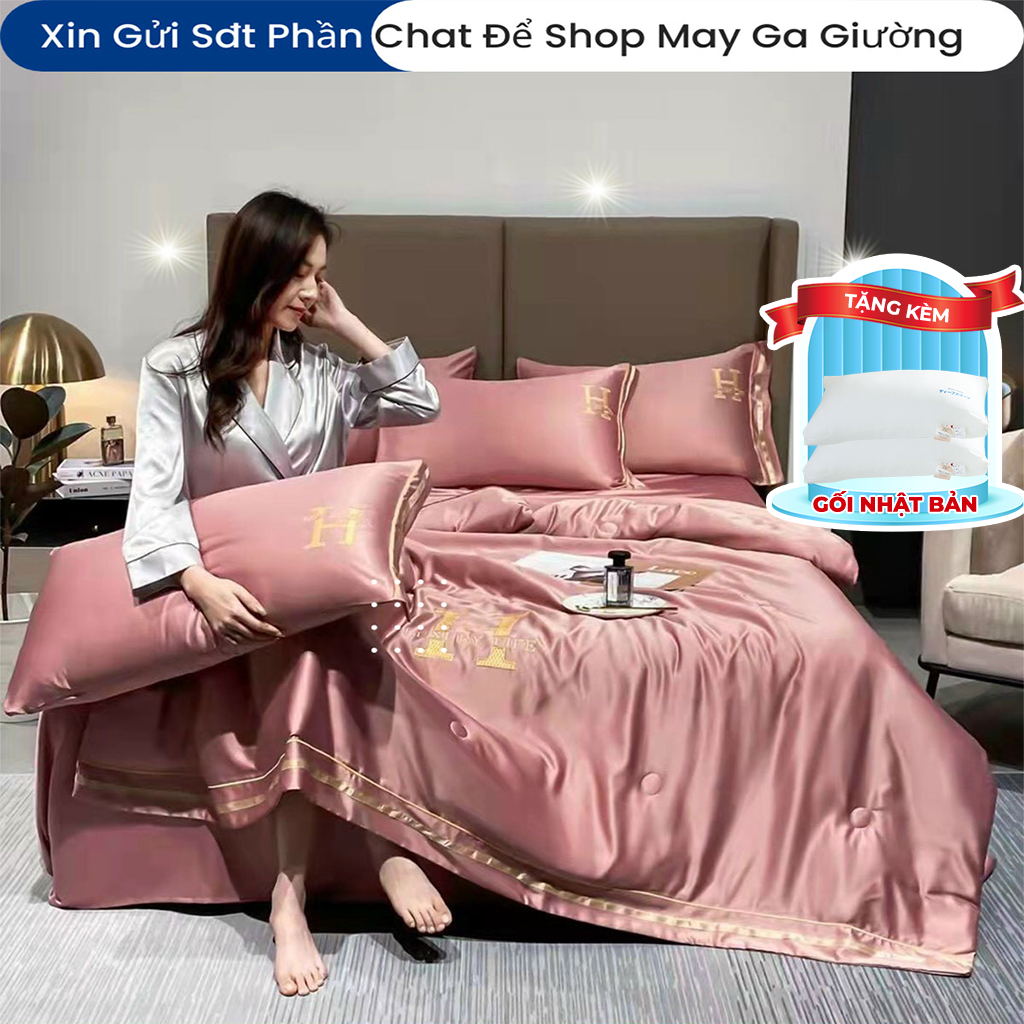 Bộ Chăn Ga Gối Nệm Đệm 5 Món Phi Lụa Chữ H Luxury Cao Cấp Bo Chun Drap Giường Chăn Chần Bông