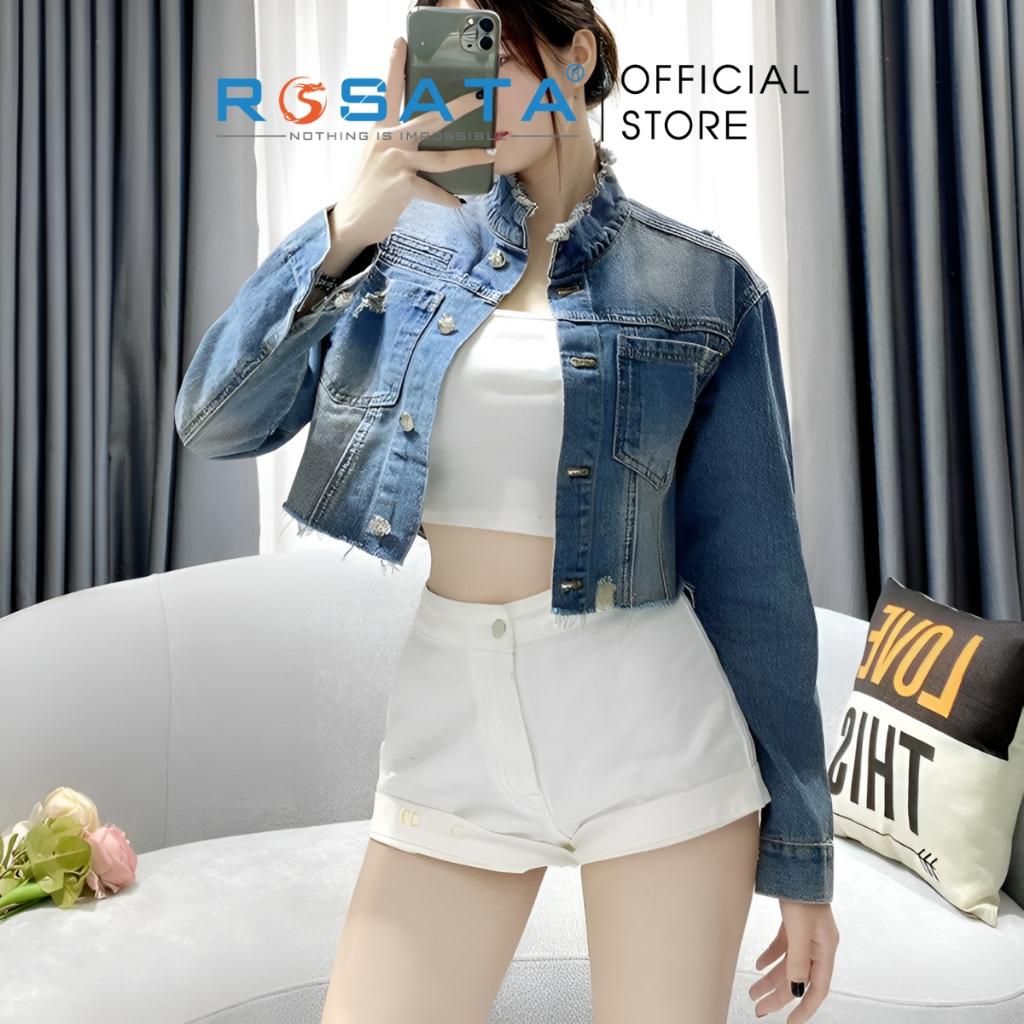 Áo Khoác Nữ ROSATA K35 Croptop Jeans Túi Hộp Cổ Trụ Tua Thời Trang Dài Tay Màu Xanh Freesize Cao Cấp Xuất Xứ Việt Nam