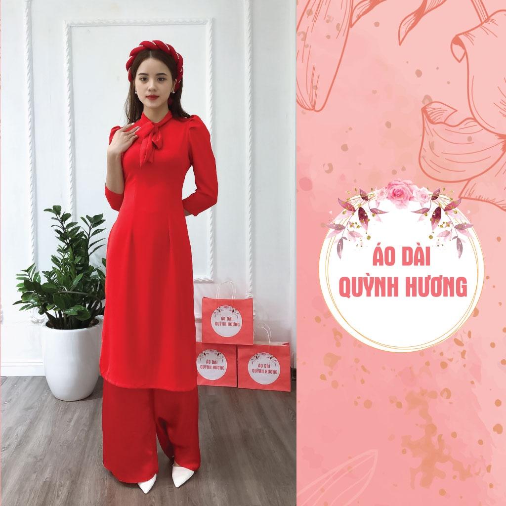 Áo dài lụa đỏ cách tân buộc nơ, áo dài lụa mỹ 2 tà