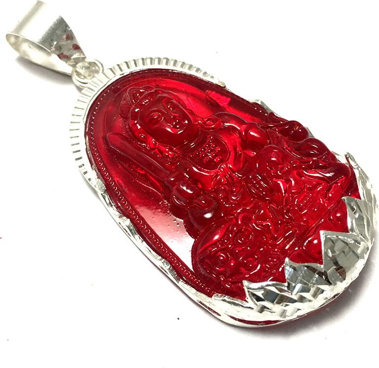 Mặt dây nam bản mệnh ngài Văn Thù Bồ Tát màu ĐỎ bọc đài sen bạc ta phay sáng bóng cho người tuổi Mão Bạc QTJ - MBM24