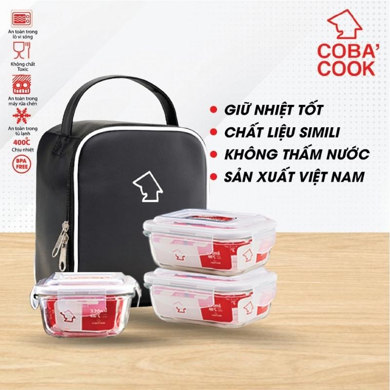 Bộ hộp cơm thủy tinh đựng thực phẩm chịu nhiệt COBA'COOK 1 hộp 320ml 2 hộp 370ml và túi simili- CCL3S33SS