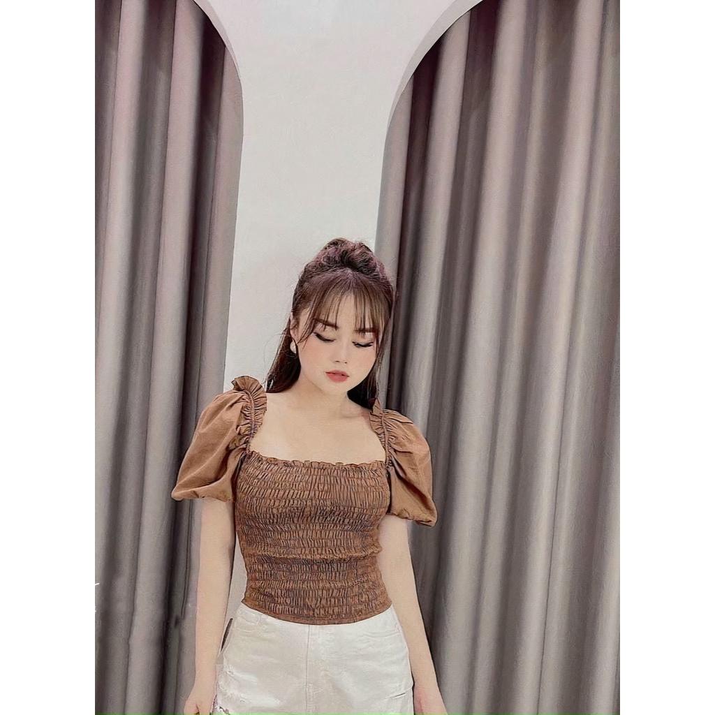 Áo croptop nữ kiểu ôm tay ngắn cổ vuông nhún ngực voan body tay bồng HIJUNE CT02