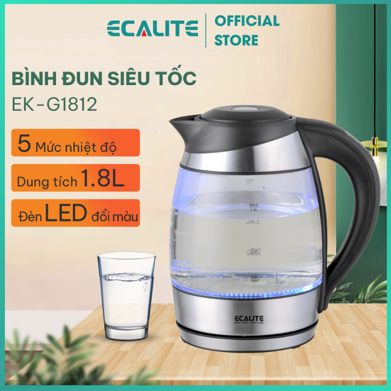 Bình Đun Siêu Tốc Ecalite EK-G1812 - Điều Chỉnh Nhiệt Độ 60°C Đến 100°C - Đèn LED Đổi Màu - Hàng Chính Hãng