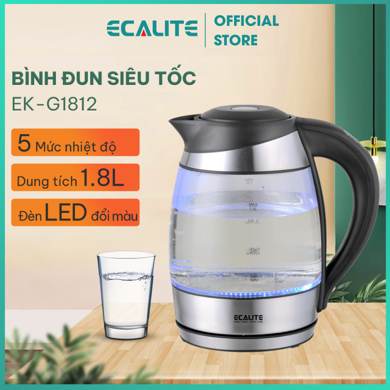 Bình Đun Siêu Tốc Ecalite EK-G1812 (1.8L) - Điều Chỉnh Nhiệt Độ 60°C Đến 100°C - Đèn LED Đổi Màu - Hàng Chính Hãng