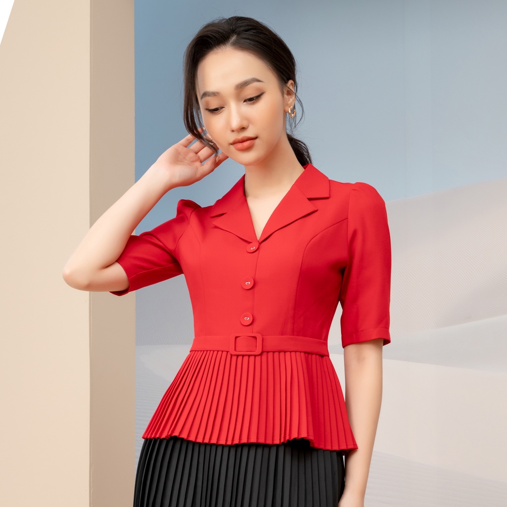 Áo Ký Giả Peplum Dập Ly UK Fashion Thiết Kế Tay Ngắn Bo Eo Điệu, Chất Liệu Nhập Hàn Mềm Mịn NKFSM2110001