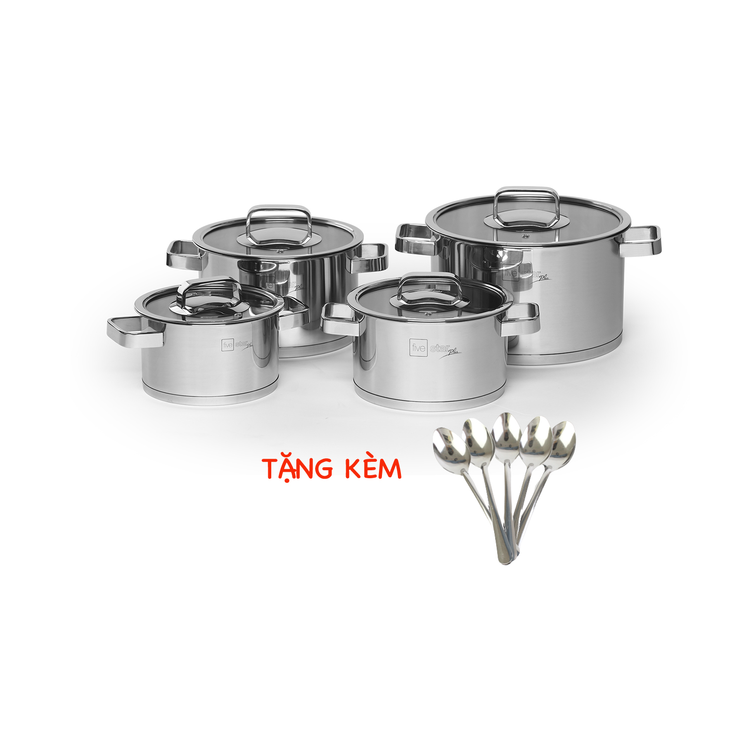 Bộ nồi 3 đáy inox 304 FiveStar Plus bếp từ 4 chiếc nắp kính ( nồi 16cm x nồi 18cm x 1 nồi 20cm x 1 nồi 24cm) , tặng 10 muỗng ăn