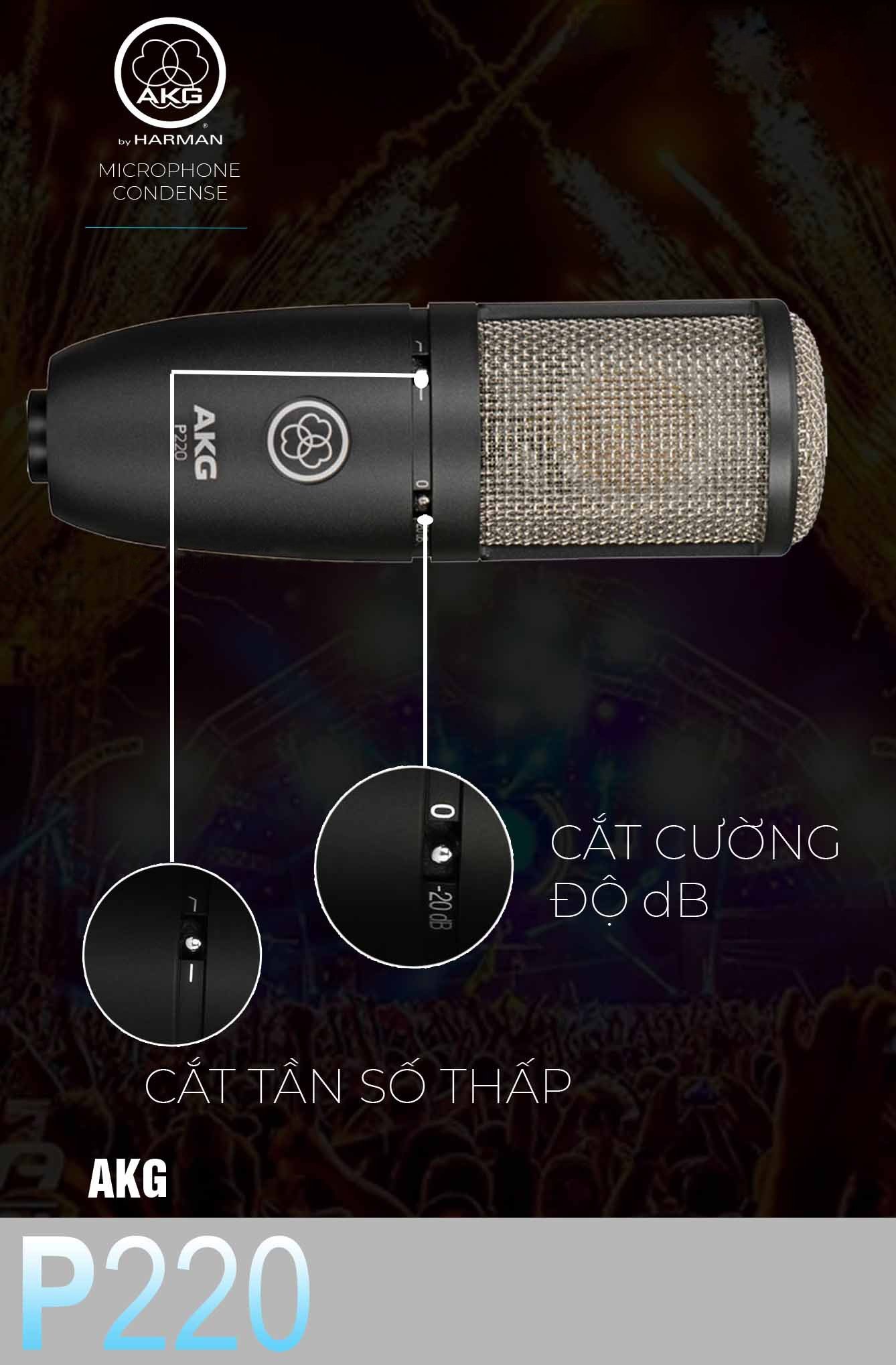 Micro thu âm AKG P220 - Mic thu âm cao cấp dành cho phòng thu, nhạc cụ, livestream chuyên nghiệp - Chính xác tuyệt đối, cắt tần tốt, lọc tạp âm tối ưu - Thiết kế sang trọng, chắc chắn - Kết nối với sound card, mixer, PC dễ dàng - Hàng chính hãng