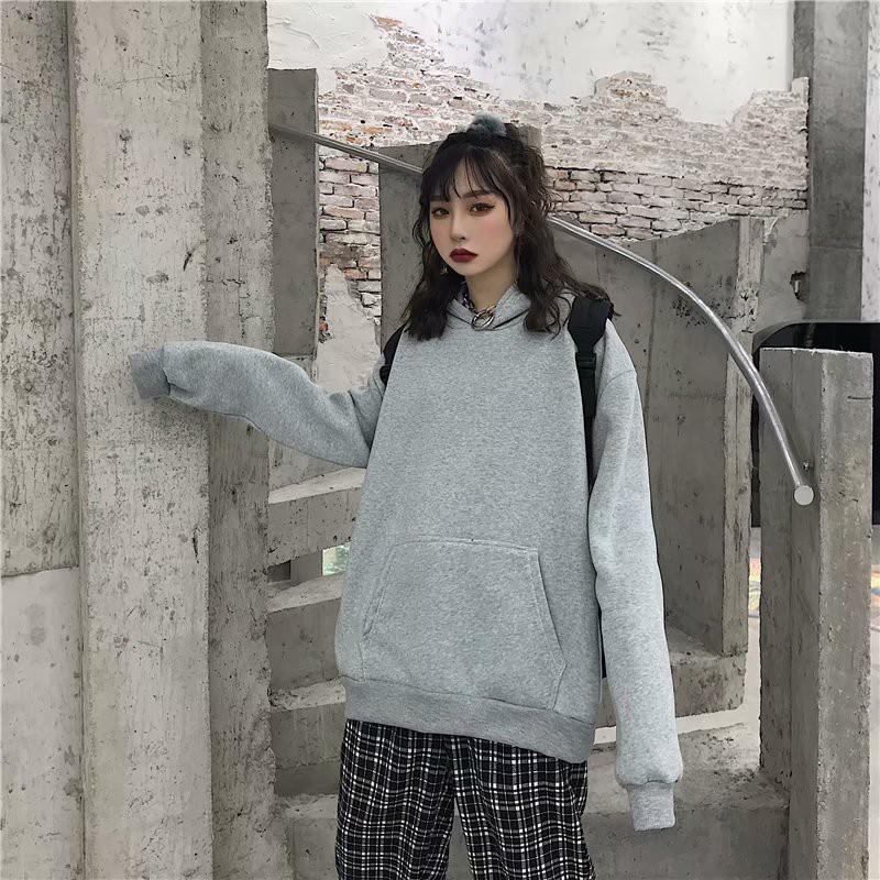 Áo hoodie dáng rộng màu trơn tay dài thời trang mới
