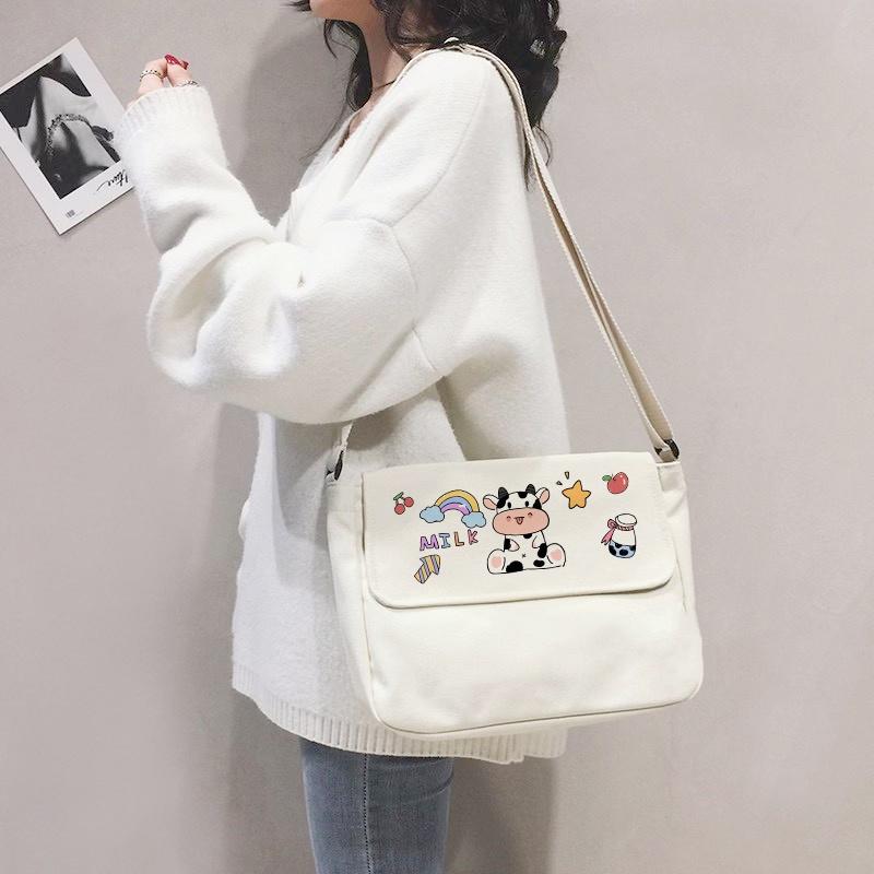 Hình ảnh Túi Tote Đeo Chéo Vải Canvas Bò Sữa Phong Cách Ulzzang