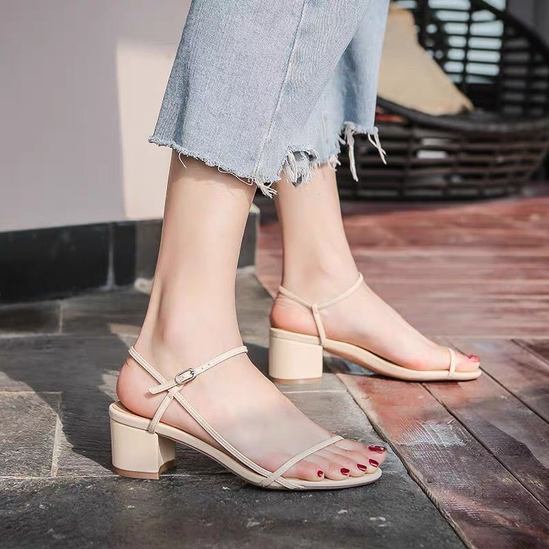 Giày Cao Gót Sandal Nữ Đẹp Gót 5 phân Da Mờ Cao Cấp Phong Cách Hàn Quốc Thiết Kế Dây Ngang Mảnh Phối Quai Cài Hở Đầu Gót Đế Vuông