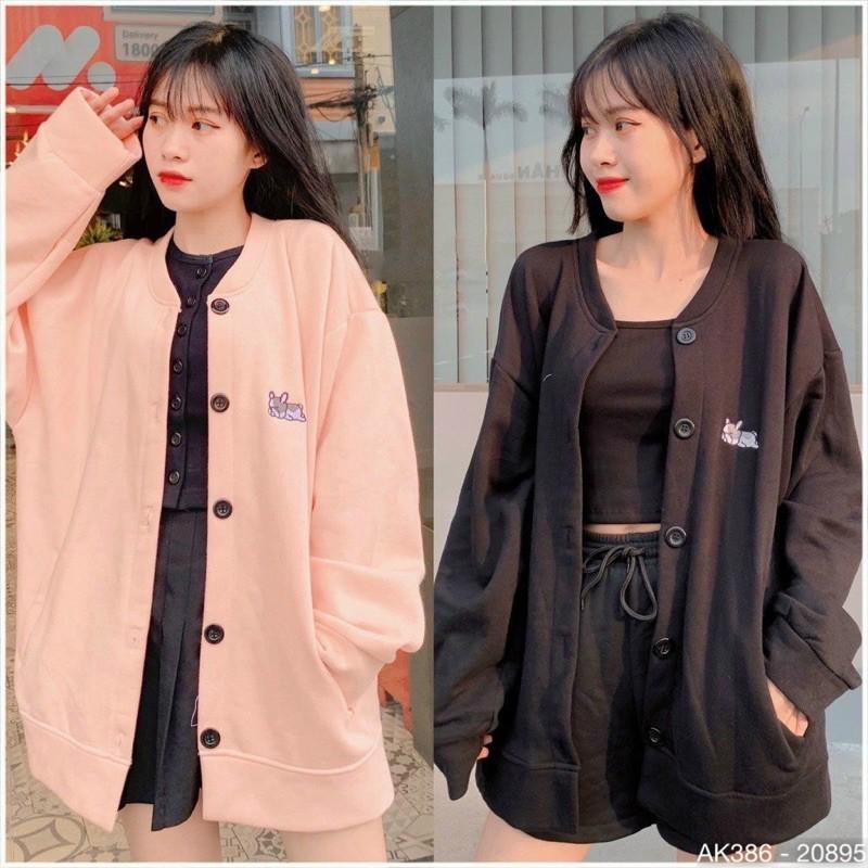 Áo Khoác Cardigan Nỉ Bông Thêu Chó Form Rộng Chất Áo Khoác Nỉ Nữ Cardigan Nữ Cài Nút THÊU CHÓ