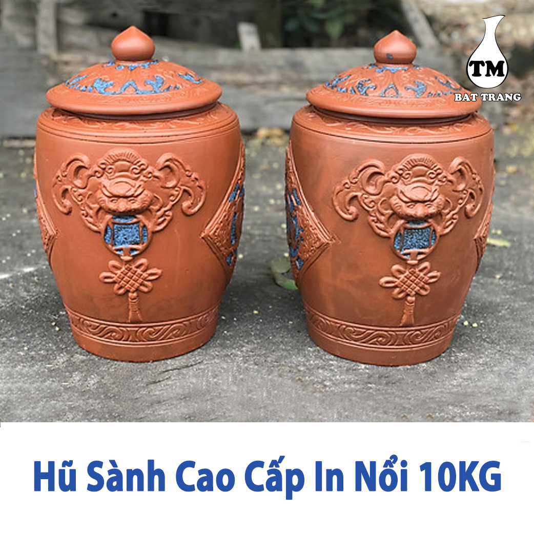 Hủ Sành Đựng Gạo Màu Nâu Đỏ Điêu Khắc Hoa Văn Mẫu Nắp Nhọn