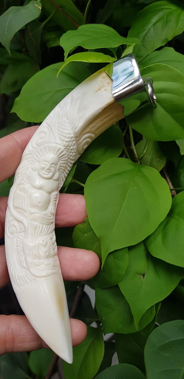 Mặt dây chuyền Nam Nanh Chạm Phật Di Lặc Giả Ngà hay gọi Xương mỹ nghệ màu trắng Mặt dây chạm hình Phật Di Lặc đã bọc khoen inox Nam đeo với sợi dây chuyền của mình đẹp ạ