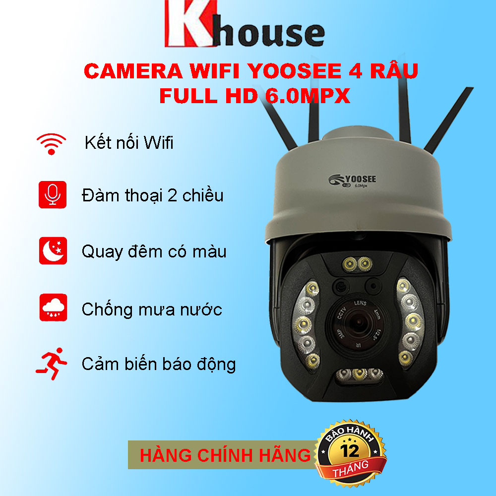 Camera wifi Yoosee 4 Râu 17 Led FULL HD 6.0Mpx, Xoay 360° Chuyên Dụng Ngoài Trời - Hàng Nhập Khẩu