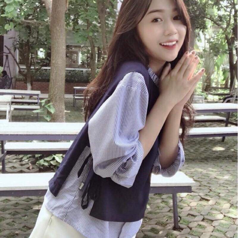 Áo babydoll xanh đen phối soc cột nơ FREESIZE