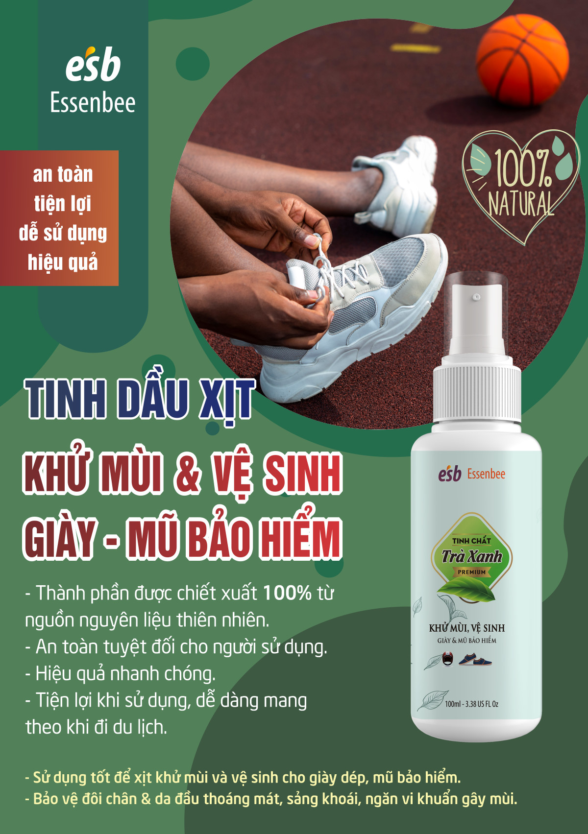 Combo 2 chai Xịt khử mùi giày Hương Trà Xanh - Essenbee - 100ml/chai. Giúp vệ sinh và khử mùi giày dép hiệu quả.