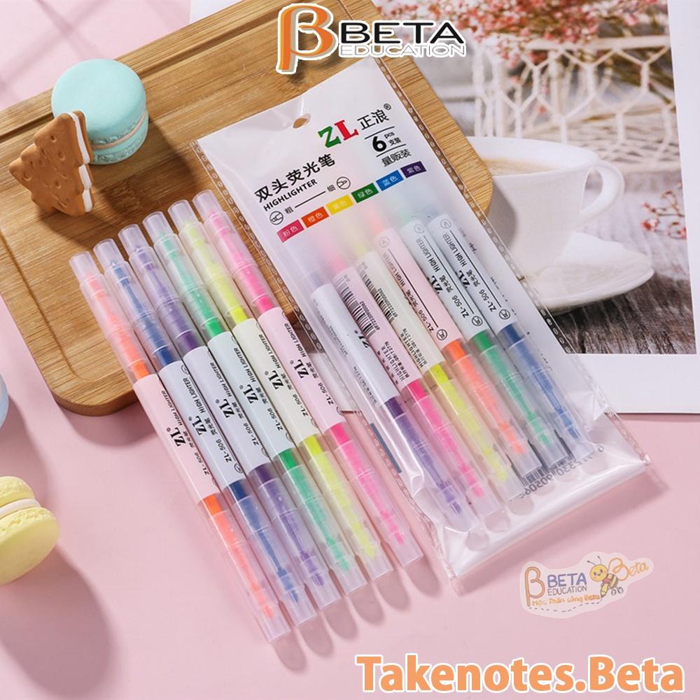 Set 6 bút dạ quang Highlight hai đầu 2 màu dễ thương, Bút highlight pastel 2 đầu nhiều màu - takenotebeta