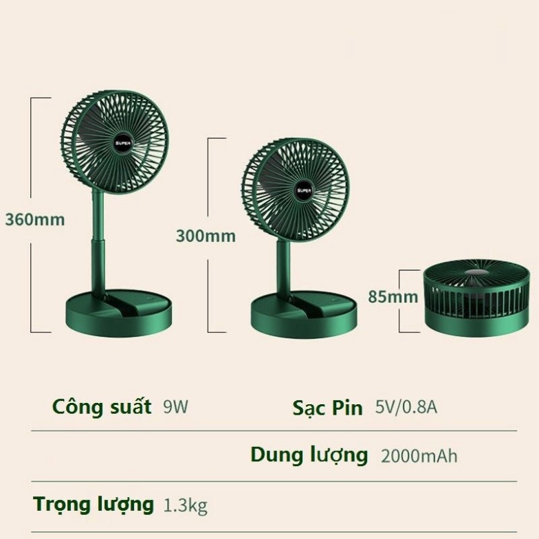 Quạt Tích Điện Gấp Gọn Super 3 Tốc Độ Gió, Quạt Mini Để Bàn Xoay 180 Độ, Có Thể Kéo Dài ,Cổng Sạc USB Tiện Dụng Giao Màu Ngẫu Nhiên - Hàng Nhập Khẩu