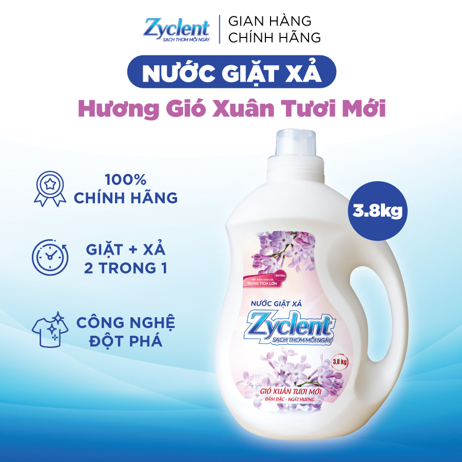 NƯỚC GIẶT XẢ ZYCLENT EXTRA HƯƠNG GIÓ XUÂN TƯƠI MỚI - 3.8KG