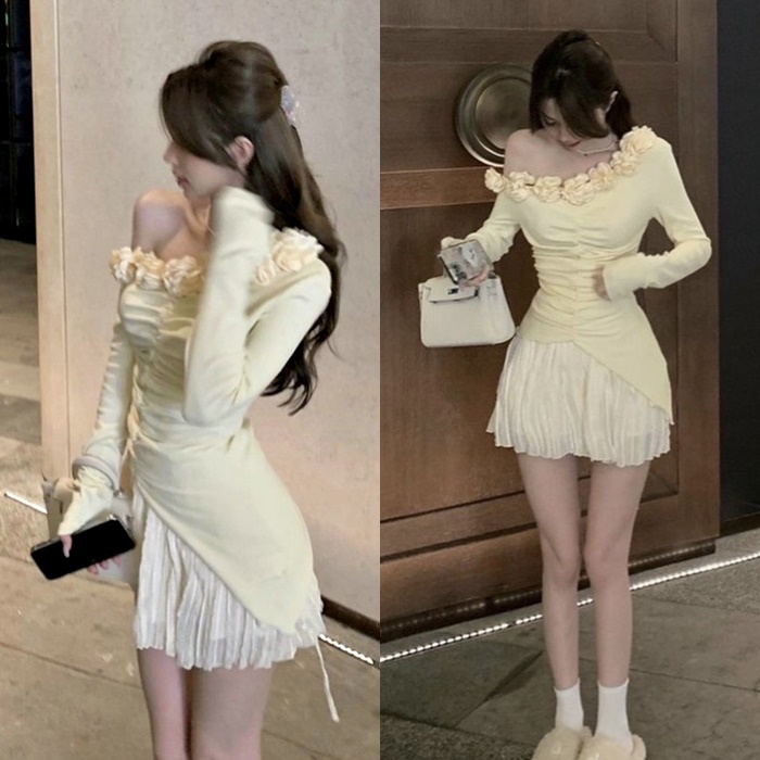 ĐẦM SET ÁO TRỄ VAI ÔM BODY TAY DÀI + CHÂN VÁY NGẮN LƯNG CAO CHỮ A ĐI CHƠI ĐI TIỆC NOEL DẠO PHỐ ĐI BIỂN