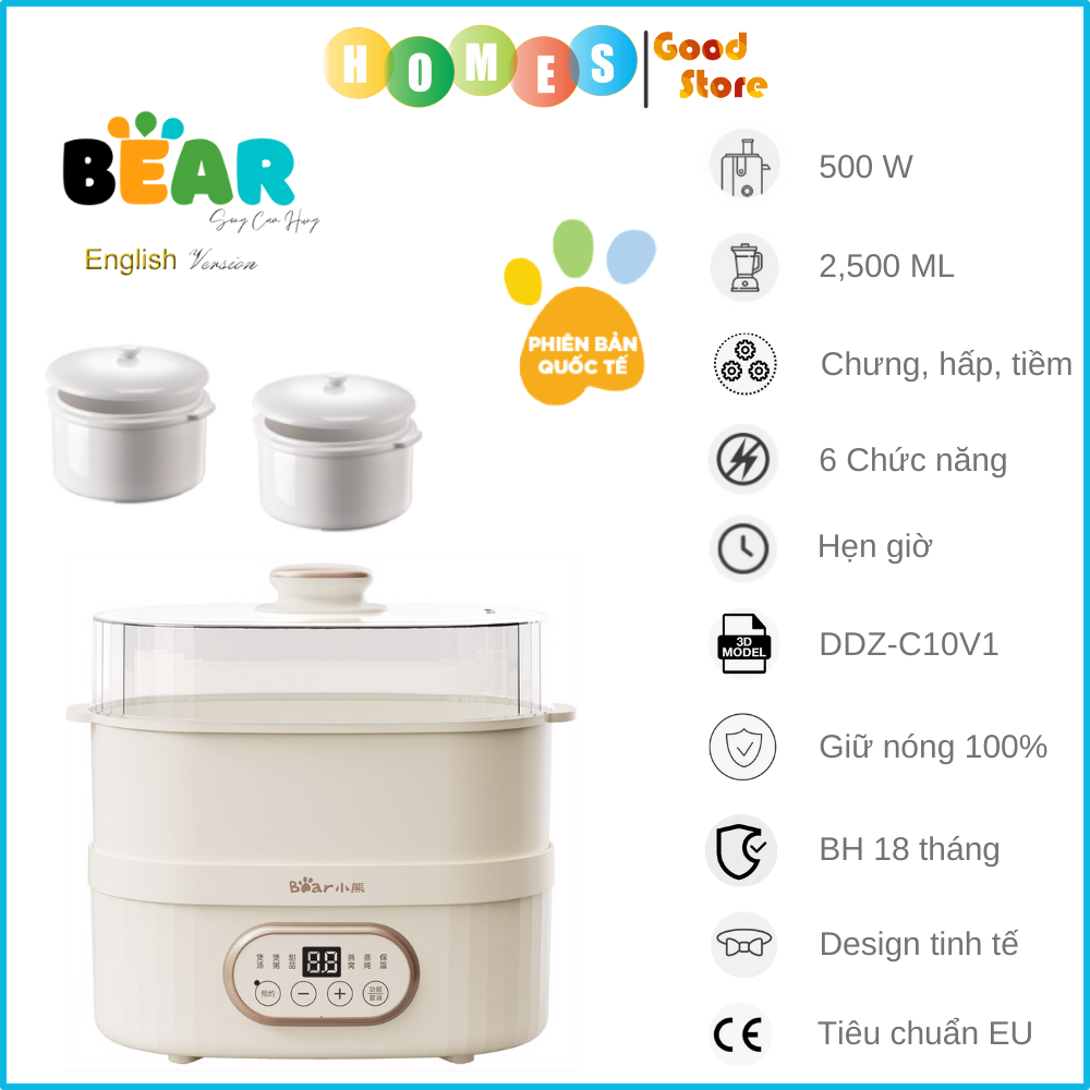 Nồi Nấu Chậm BEAR SUBE003 (DDZ-C25R6) Nấu Cháo Chưng Yến, Tiềm Hấp Tự Động Hoàn Toàn Chống Trào Nước Chống Cháy Dung Tích 2.5L Màu Ngẫu Nhiên - Hàng Chính Hãng