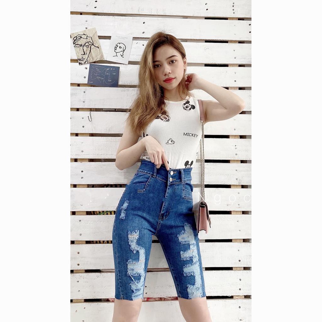 Quần jean ngố / lửng BIGSIZE lưng 2 nút siêu cao, co dãn mạnh rách kiểu đẹp 3680
