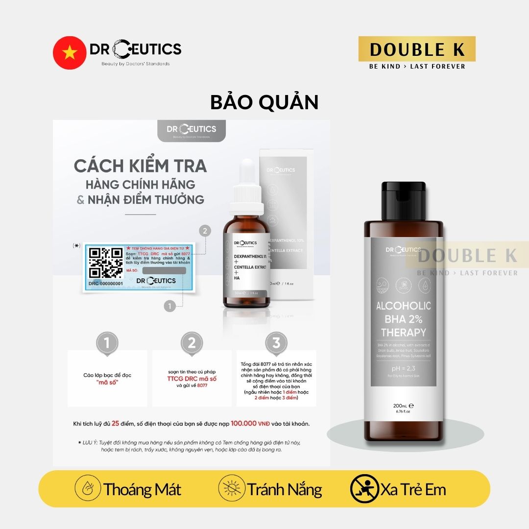 DrCeutics Alcoholic BHA 2% Therapy - Giảm và Ngừa Mụn, Loại Bỏ Tế Bào Chết, Mềm Mịn Da - Double K