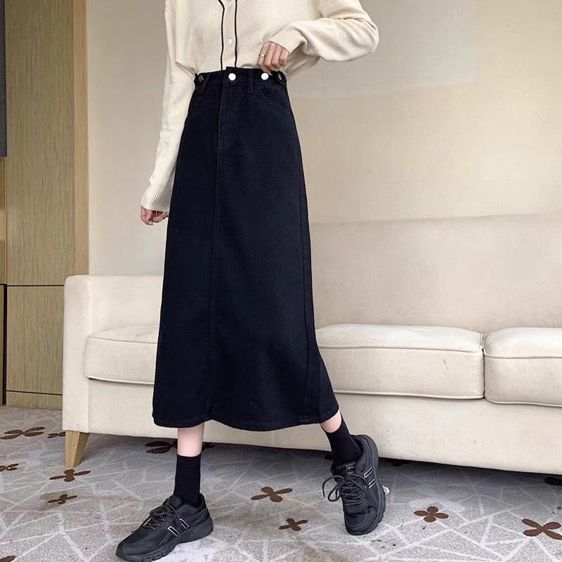 Váy jean dài cạp cao, váy jean xòe xẻ gấu phong cách_a9
