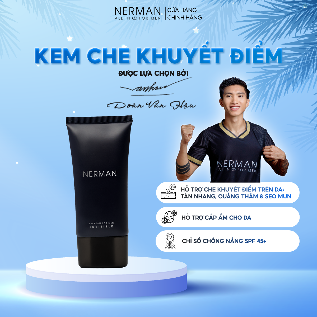 Kem che khuyết điểm cho nam BB Cream Invisible 3in1 - Chống nắng SPF 45+, che khuyết điểm, dưỡng ẩm Nerman 50g