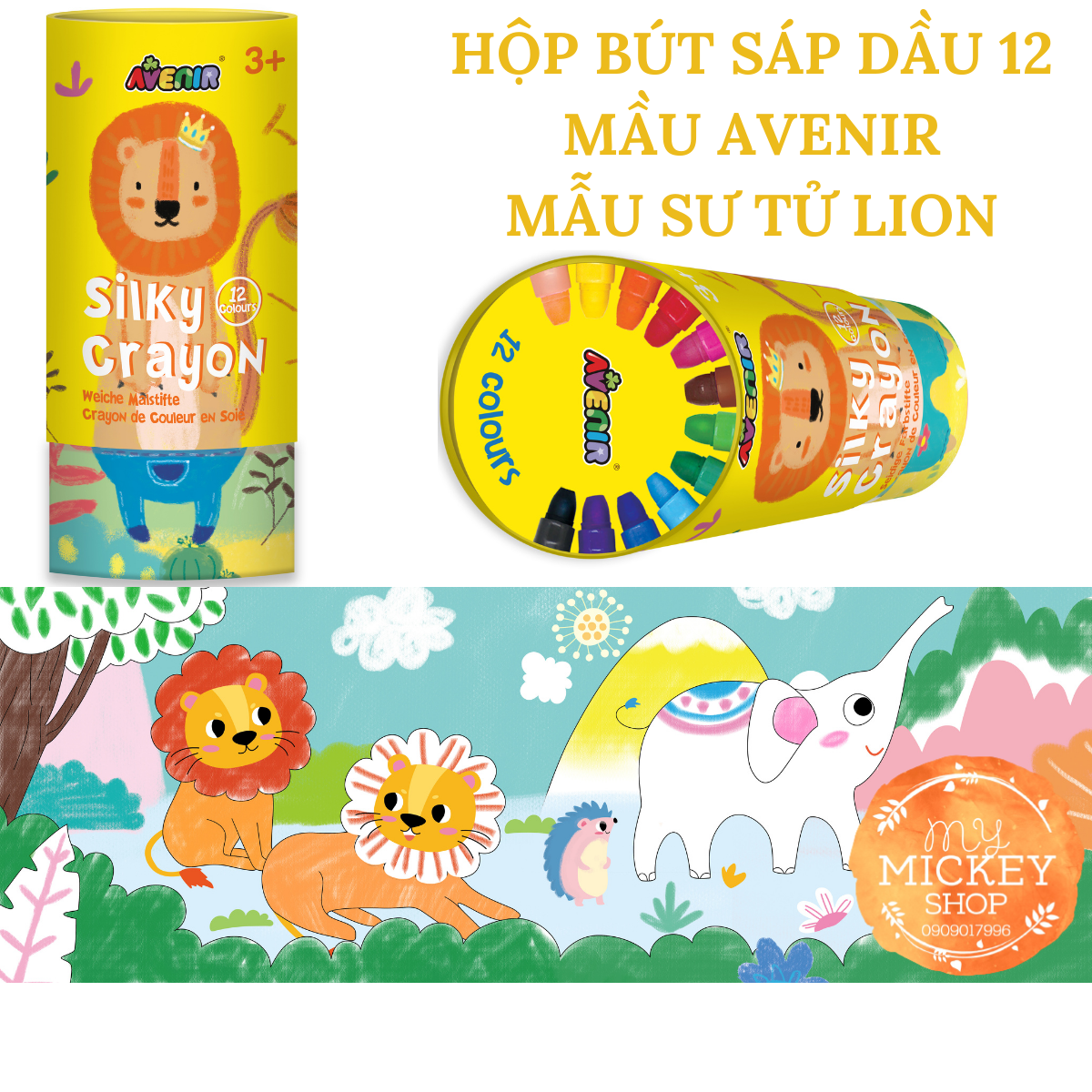 Hộp bút sáp dầu 12 màu Avenir có 6 mẫu cho bé lựa chọn - Avenir Silky Crayon My Mickey Shop