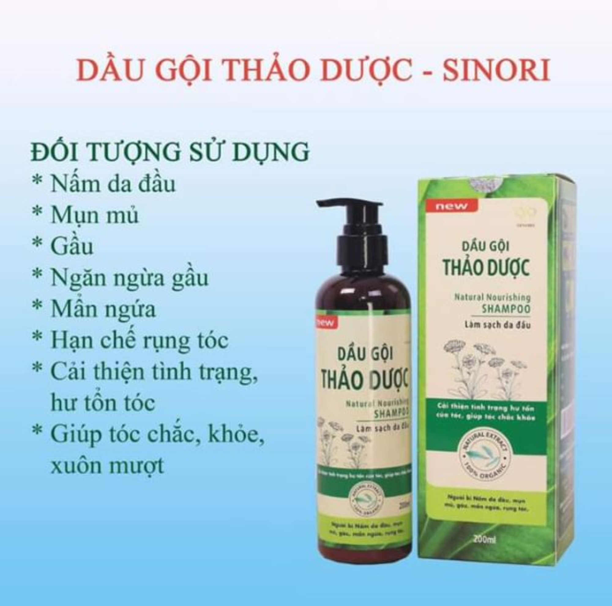 Dầu Gội Thảo Dược Sinori 200 ml Hỗ Trợ Điều Trị Gãy Rụng Và Kích Thích Mọc Tóc, Nấm Da Đầu, Mụn Mủ, Gàu Nhiều, Mẩn Ngứa