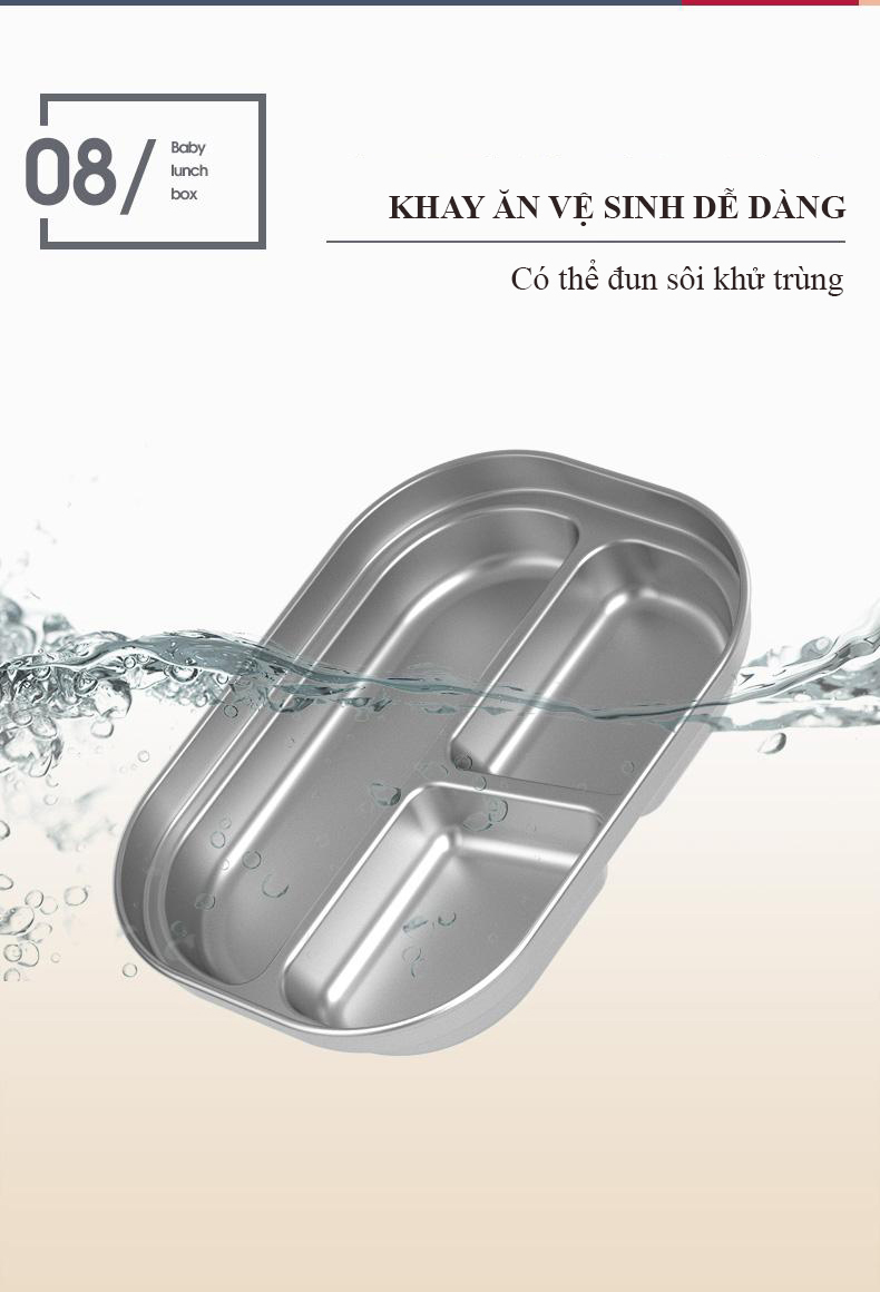 Bộ khay cơm phần giữ nhiệt 3 ngăn inox 316L có nắp đẩy kèm muỗng nĩa inox cho bé