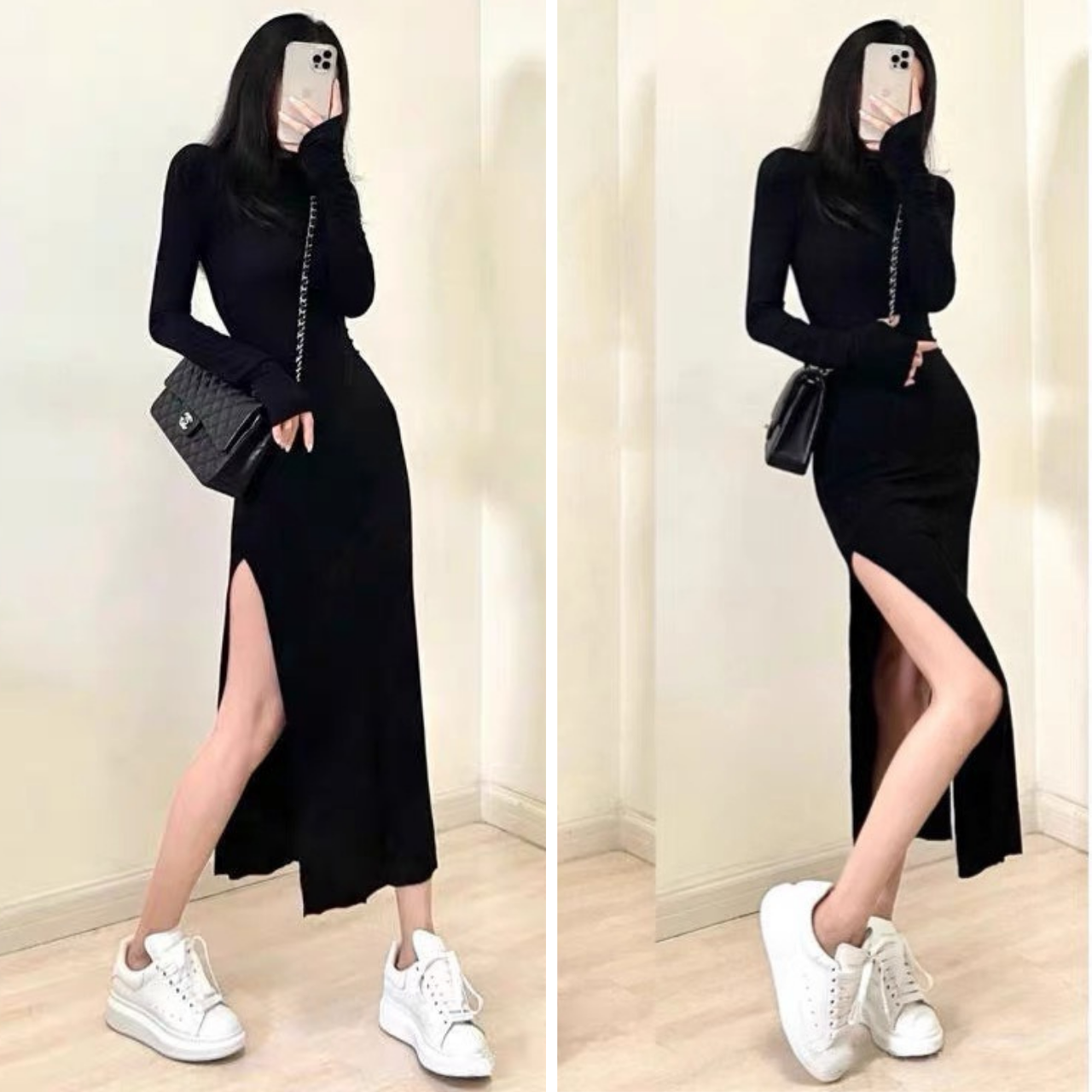 Đầm Body Thun Tay Dài Xẻ Tà Năng Động Màu Đen