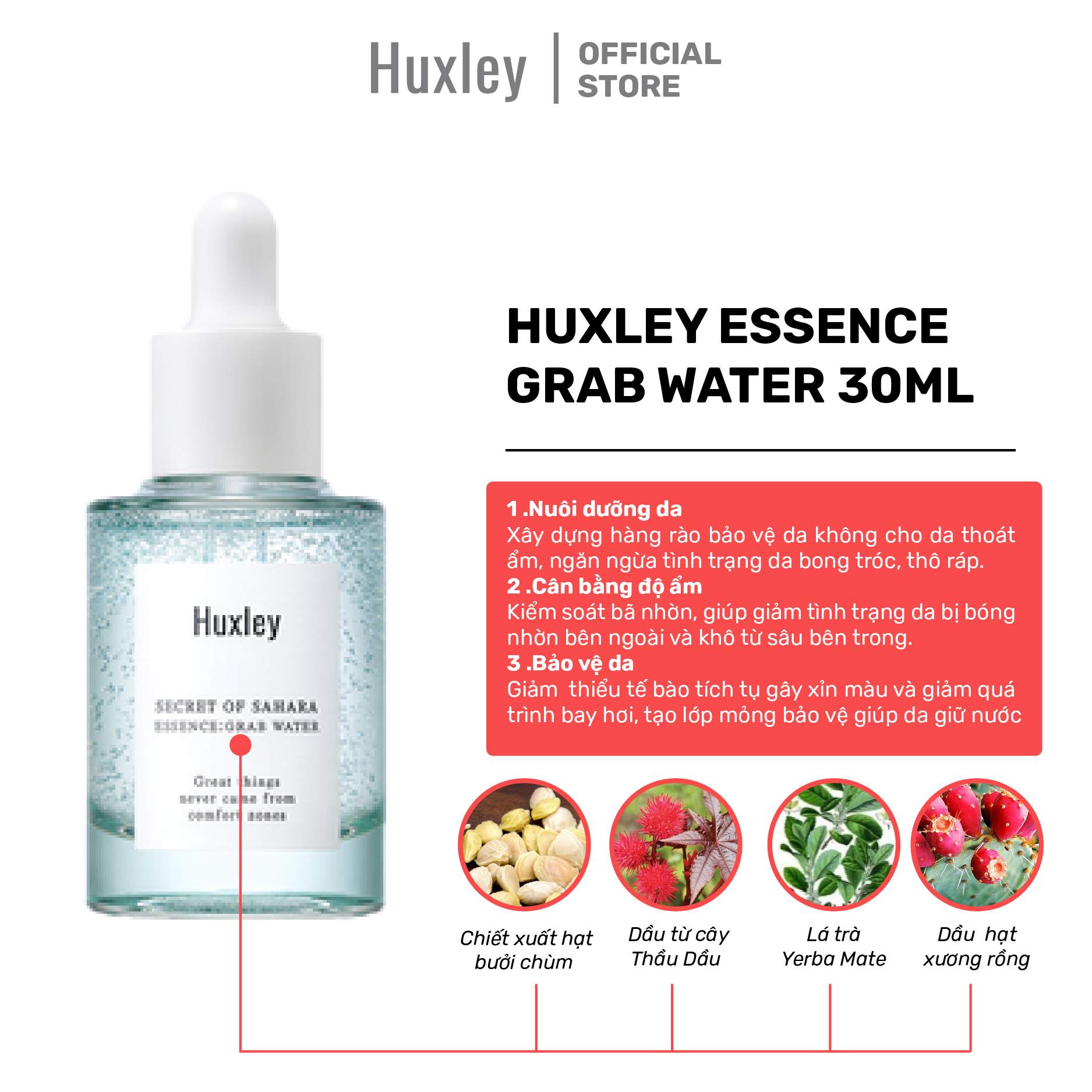 Tinh Chất Cấp Ẩm, Ngăn Ngừa Mụn, Giảm Mẫn Đỏ Trên Da Huxley Essence Grab Water 30ml