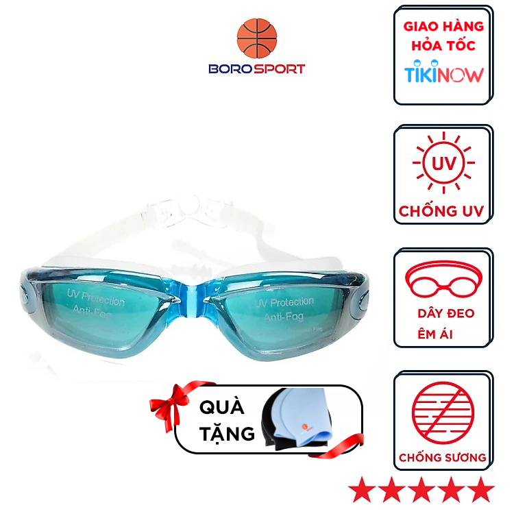 Kính Bơi Tráng Gương  kèm bịt tại cao cấp Cleaco chống sương mù , chống tia UV Hàng chính hãng – Tặng kèm nón bơi Silicon  Màu ngẫu nhiên   – Xanh