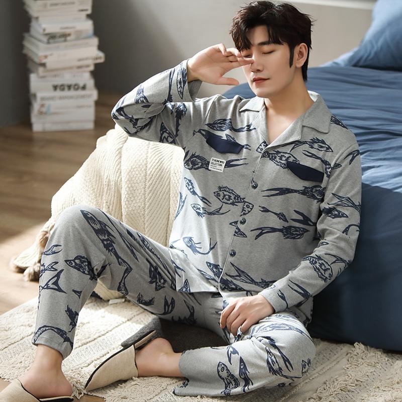 2228 - Bộ Pijama nam dài tay cao cấp màu ghi phối họa tiết hình con cá độc đáo, vải cotton 100% mềm thoáng, size L-3XL