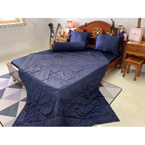 Bộ Chăn Trần Bông Ga Gối Lụa 5 Món Cao Cấp Lan Bedding Màu Xanh Đen