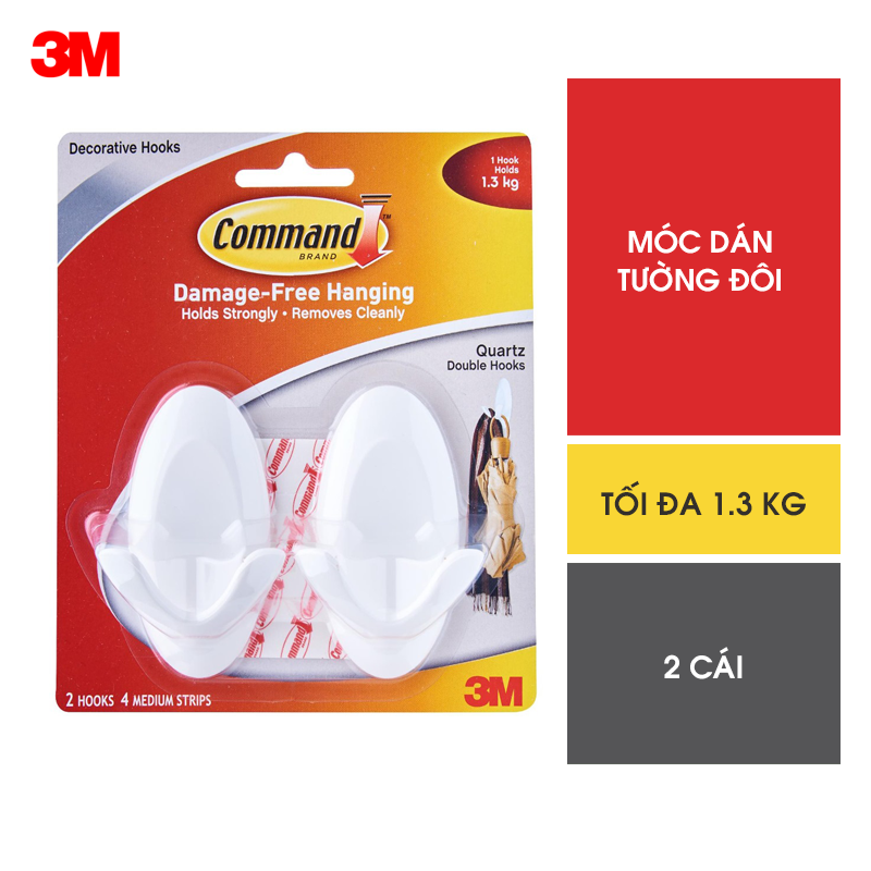 Móc đôi dán tường Command 3M vỉ 2 cái chịu lực 1.3kg - Dễ sử dụng, độ bền cao, bám cực chắc, tháo cực dễ 17087