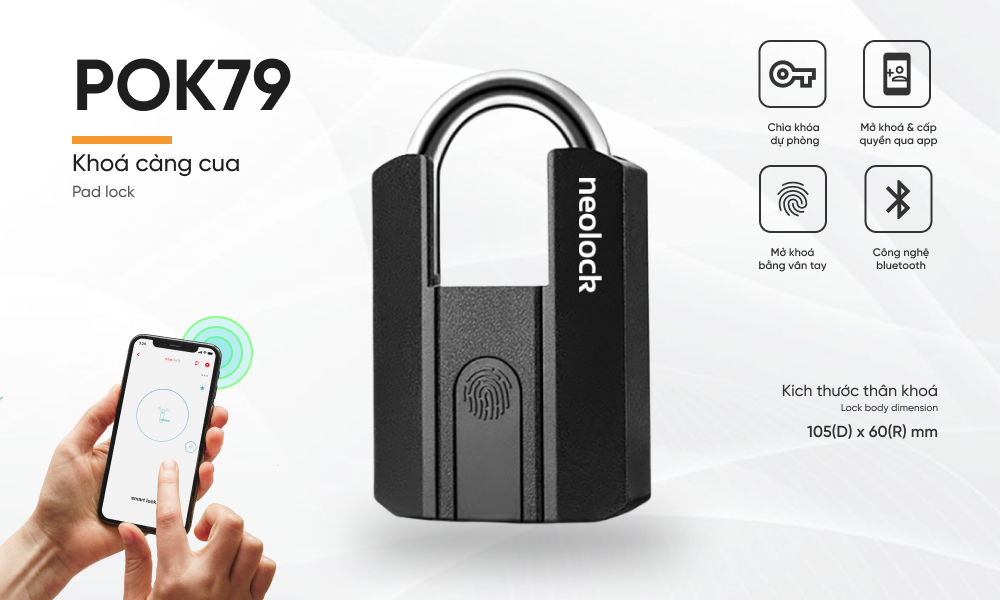Ổ khóa POK79 chống trộm xe máy khóa càng xe máy vân tay thông minh qua app neolock