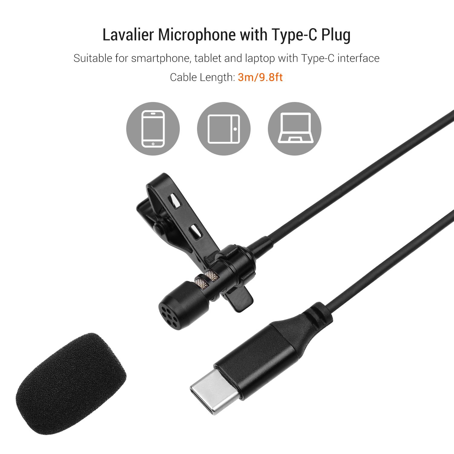 Bộ ngưng tụ đa hướng Micrô Lavalier với kính chắn gió bằng bọt Cáp 3m Tương thích với Máy tính bảng điện thoại thông minh Type-C